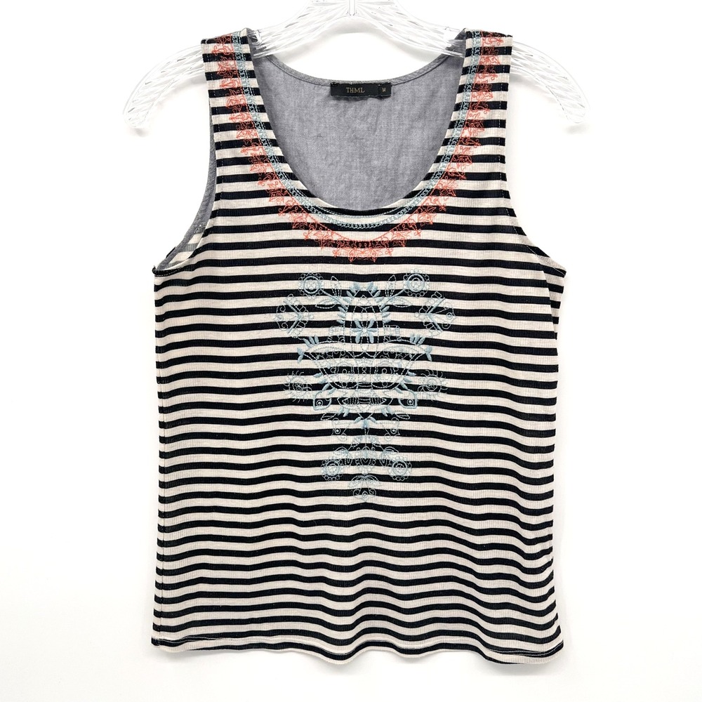 THML Women's Size Medium Striped Embroidered Chambray/Knit Sleeveless Tank Top